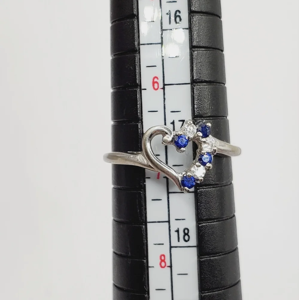 10k Solid White Gold Genuine Blue Sapphire & Simulated Diamond Heart Ring